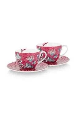 Pip Studio Flower Festival Set/2 Cappuccino Tasse & Undertasse Dunkelrosa