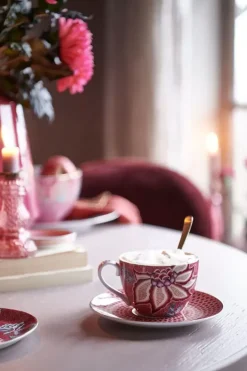 Pip Studio Flower Festival Set/2 Cappuccino Tasse & Undertasse Dunkelrosa